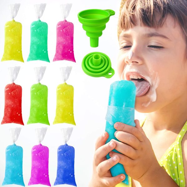 Kids Ice Lolly Bags 2 x 8 Inch Disposable Ice Cream Bags with Silicone Foldable Funnel, DIY Ice Cream Mold/ Pouch for Making Ice Cream, Ice Candy, Yogurt, Freeze Pops, 200 Pieces