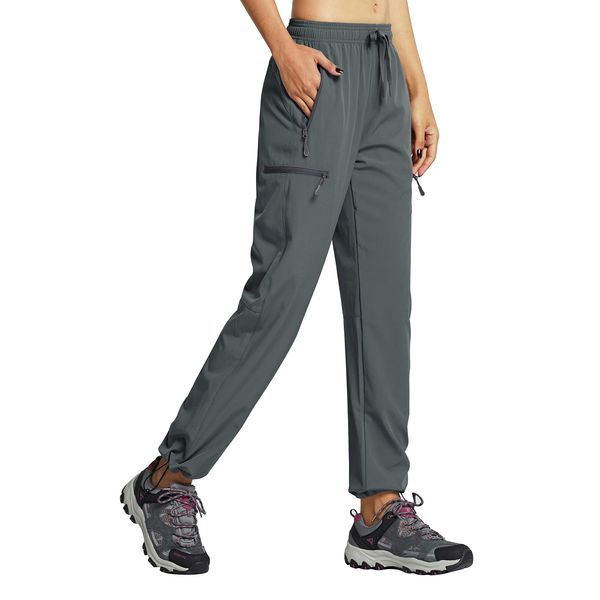 Libin Damen Wanderhose Wasserdicht Outdoorhose Leichte Schnell Trocknende Atmungsaktiv Trekkinghose Funktionshose Track Pants mit Reißverschlusstasche,Grau, M