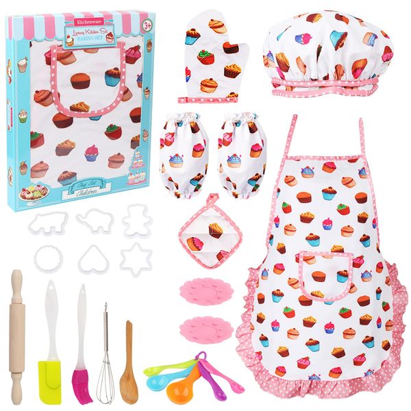 Vanmor Cute Kids Cooking and Baking Sets, 24 Pcs Kids Aprons for Girls Toddler Chef Hat Apron Dress Up Chef Costume, Little Girl Apron Sets Pretend Gifts for 3 4 5 6 7 8 Years Old Girls