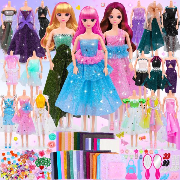 Fashion Designer Kit for Girls, Sewing Kit with 3 Dolls 3 Mannequins, Doll Clothes and Accessories Making Kit, DIY Arts and Crafts Kit for Kids, Toy Gift for 6 7 8 9 10 11 12 Year Old Girls Kids