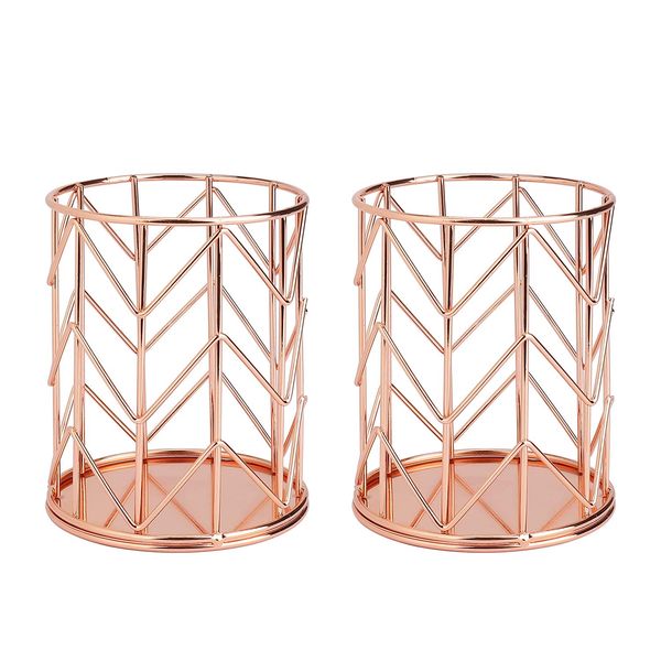 MengH-SHOP Pencil Holders Openwork Round Iron Art Pen Holder Hollow Makeup Brush Storage Basket Multifunctional Desktop Tidy Organizer for Home, School, Office 2 Pieces (Rose Gold)