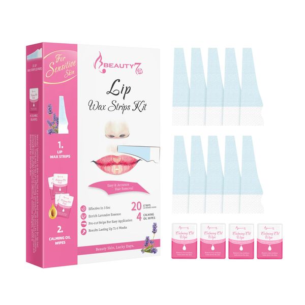 Beauty7 Oberlippen Wachsstreifen vorgeschnitten Oberlippen wachs 20stk Oberlippen wax streifen mit 4stk Reiniger Öl Tücher enthaarungsstreifen persian wax strips Geeignet für sensible Haut