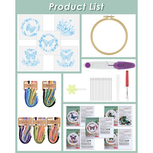 ERKOON 5 Sets Embroidery Kit for Beginners, Butterfly Cross Stitch Set for Include Embroidery Cloth Hoops Threads for Craft Lover Hand Stitch (Butterfly and Flower)