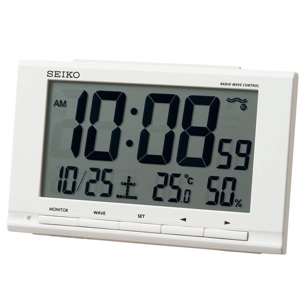 Seiko Clock SQ789W Table Clock, White, Body Size: 3.6 x 5.8 x 1.9 inches (9.1 x 14.8 x 4.7 cm), Alarm Clock, Radio Waves, Digital Calendar, Temperature, Humidity, Display