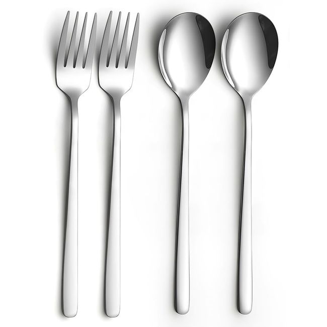 YFWOOD Spoons Forks, Set of 4, 18-8 Stainless Steel, Dinner Spoons - Fork Set, Curry, Salad, Soup Spoon, Dishwasher Safe, Korean Style, Dinner Cutlery, Simple, Silver, Commuting, Camping, Bento