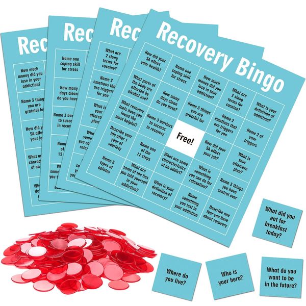 Simgoing Recovery Bingo with 24 Recovery Bingo Card and 600 Cross Chips Recovery Questions Group Therapy Game for Adults and Family Recovery Bingo Board Game for Vacation Holiday Party Favors