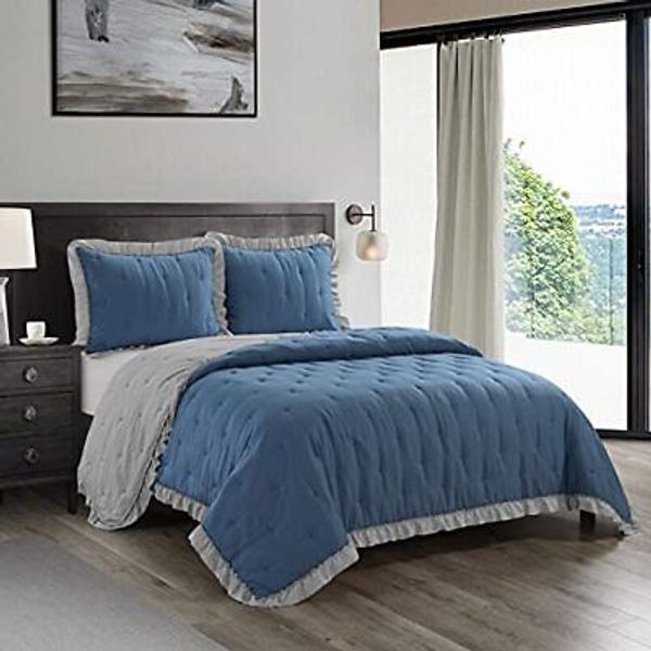 3 Piece Quilt Set Washed Gel Filled Microfiber Navy Queen