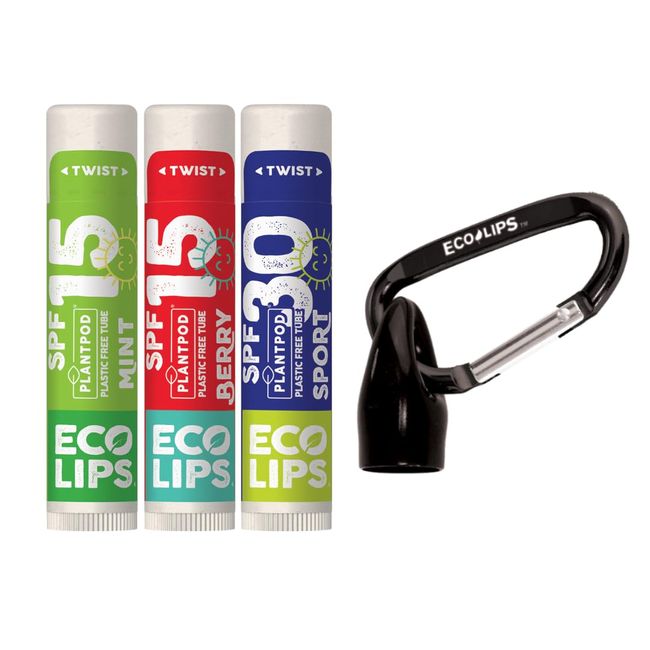 Eco Lips Broad Spectrum SPF Sun Protection Lip Balm 3-Pack with Carabiner Eco Clip (Berry, Vanilla, Mint) With Cocoa Butter & Aloe to Moisturize Lips | Made in USA