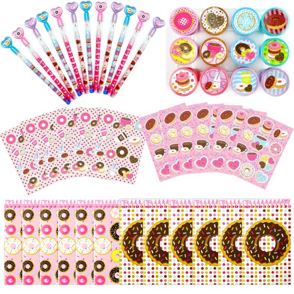 TINYMILLS Donuts Birthday Party Favor Set (12 multi-point pencils, 12 self-inking stampers, 12 sticker sheets, 12 small spiral notepads) Donuts party supplies party favor favor stuffers