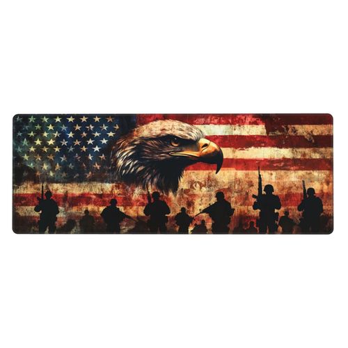 Bald Eagle and American Soldier Gaming Mouse Pad, Large Non-Slip Rubber Base Mousepad XL 31.5x11.8in, Keyboard Mouse Mat, Desk Pad with Stitched Edges for Gamer Home&Office