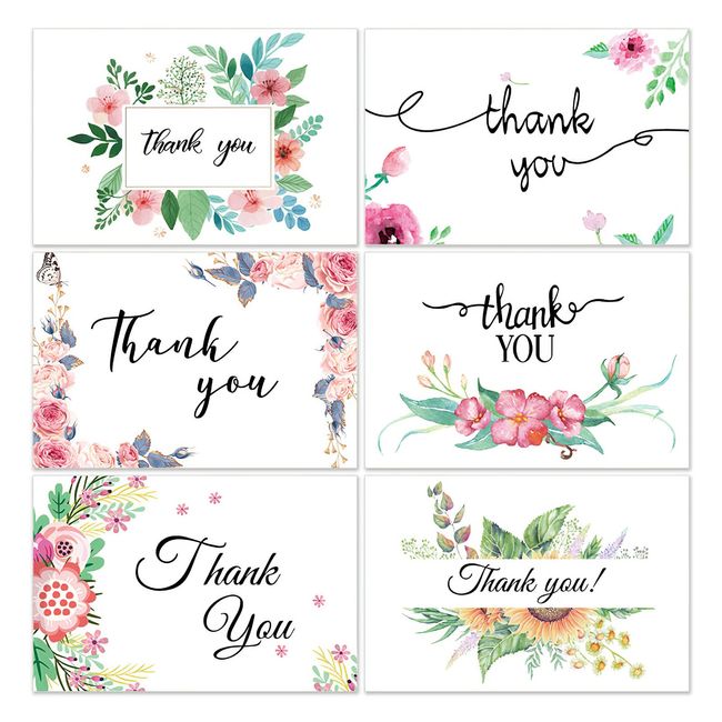 RICISUNG Message Cards, 6 Types, Thank You Cards, Greeting Cards, with Envelopes, Flower Pattern, 5.9 x 3.9 inches (15 x 10 cm), Thanksgiving Day, Mother's Day, Anniversary, Wedding, Graduation