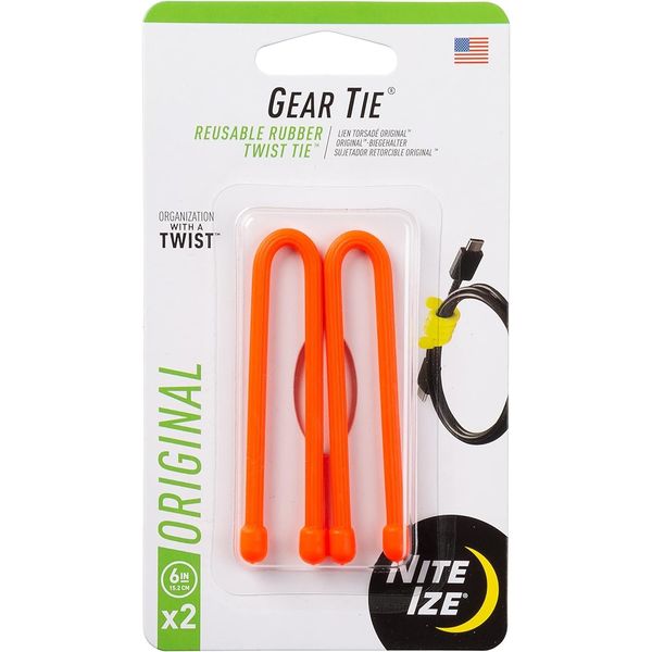 Nite Ize GT6-2PK-31 Gear Tie Reusable 6-Inch Rubber Twist Tie, Bright Orange, 2-pack