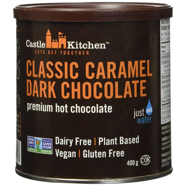 Castle Kitchen Classic Caramel Dark Chocolate Premium Hot Cocoa Mix - Dairy-Free, Vegan, Plant Based, Gluten-Free, Non-GMO Project Verified, Kosher - Just Add Water - 14 oz