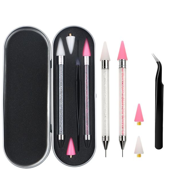 Hcirjhie Rhinestone Picker Tool 2 Acrylic Handle Rhinestones Applicator Dual-Ended DIY Nail Art Tool Nail Dotting Tool Double Head Wax Pen, Rhinestone Pickup Tools