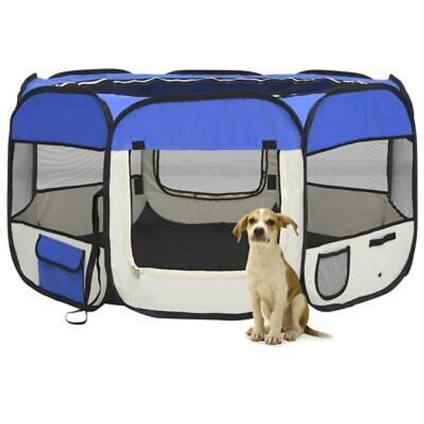 Foldable Blue Dog Playpen with Carrying Bag 49 Inch Portable Pet Play Yard