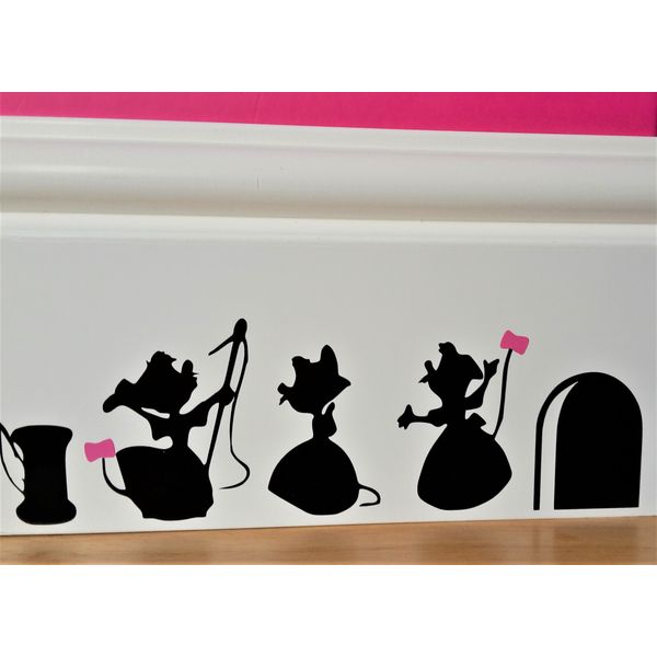 uksellingsuppliers Cartoon Decal Mouse Hole Wall Sticker Cinderella Mice Skirting Board Wall Art Sticker Vinyl Decal 19cm x 6cm. Black with pink bow