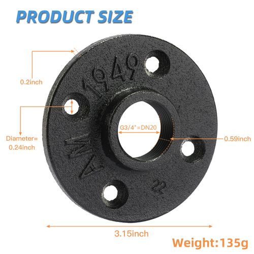 3/4" Heavy Duty Black Floor Flange, Home TZH 4 Pack Malleable iron Pipe Flange for Industrial vintage style, Flanges with Threaded Hole for DIY Project/Furniture/Shelving Decoration(3/4", 4)