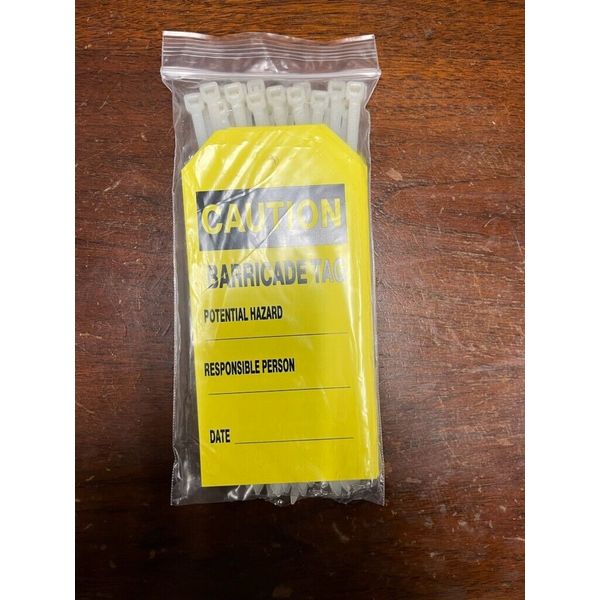 Yellow Construction Barricade Tags Caution Sign - 3  x 6  - Pack of 25 w ZipTies