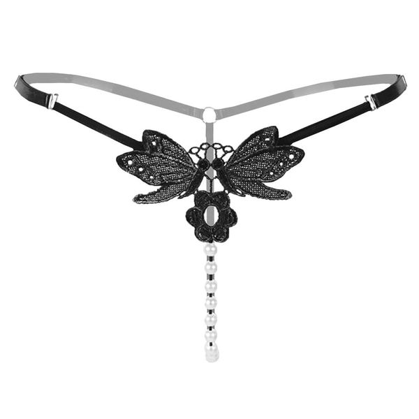 White Fang TT33 Women's T-back Underwear, String Pan, Pearl, Butterfly, Sexy Lingerie, 01: Black