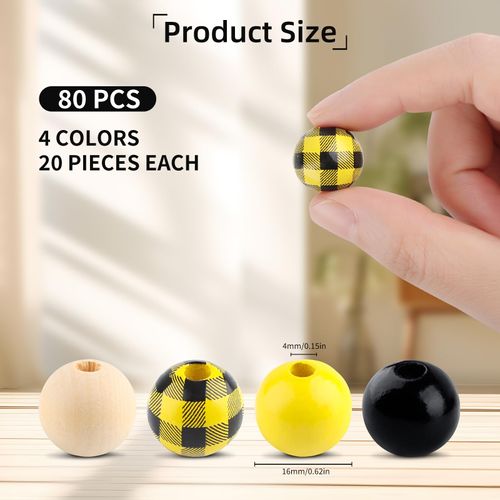 80 PCS Wooden Beads for Craft, 16mm Colorful Wood Beads Buffalo Plaid Wood Beads Craft Wood Round Beads for Xmas Valentine's Day Halloween Party Decoration Home Decor DIY Craft Supplies(09)