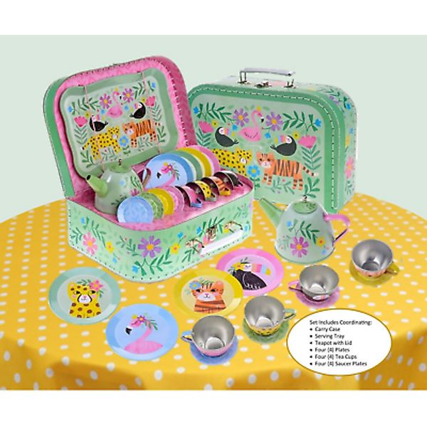 Jewel Keeper Jungle Toy Tin Tea Set; Case, Serving Tray & Tea Party Dishes-15 PC