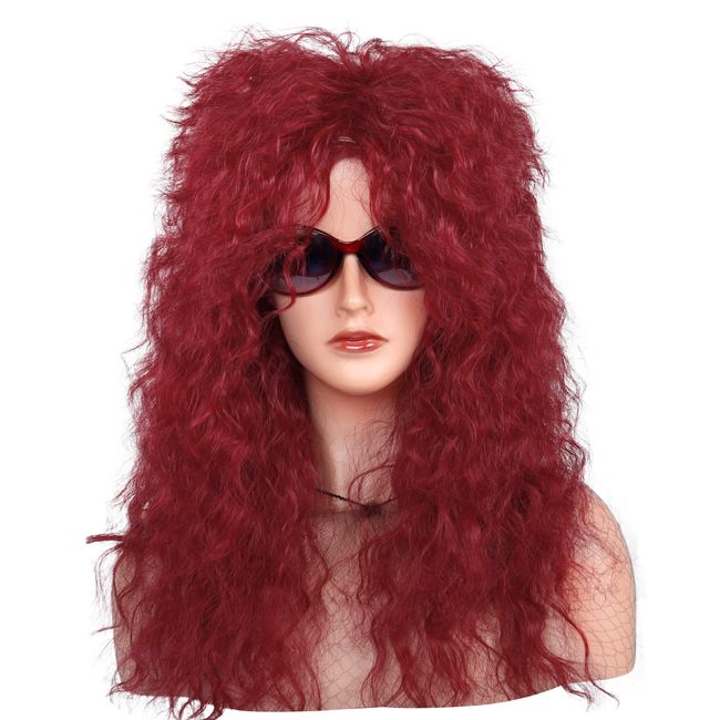 MEIRIYFA 80s Rocker Punk Wig Long Curly Wig for Men and Women Retro Mullet Wigs for Halloween Costume Cosplay Party (Wine Red)