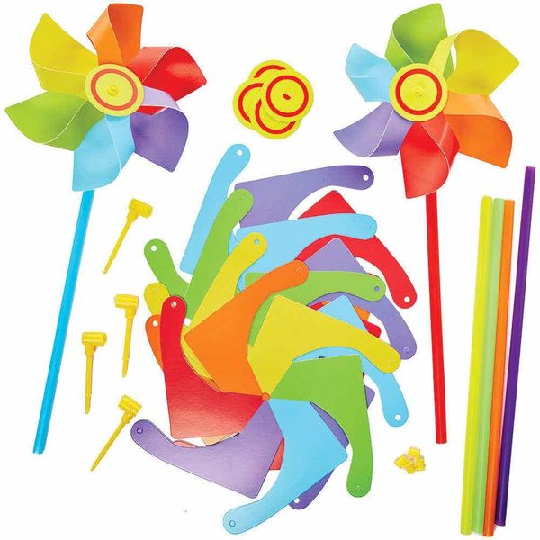 Baker Ross FC771 Rainbow Windmill Kits - Pack of 6, Summer Craft Kit, Kids Windmill Spinners, Kids Pinwheel