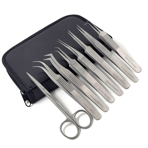 7 PCS Eyelash Extension Tweezers Straight & Curved Stainless + Scissors Set