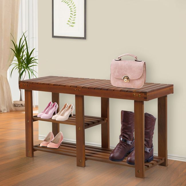 3-tier Acacia Wood Entryway Slatted Shoe Storage Bench Boots Rack Organizer