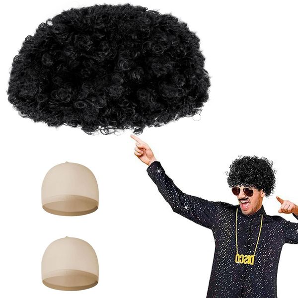 Aomig Funky Afro Wig, 3 Pcs Disco Hippie Costume, Hippie Costume Set, Novelty Men Short Curly Afro Wig, 60s 70s Hippy Fancy Dress Mens Accessories, Mens & Womens Pop Hippie 70s Disco Fever Hair Black