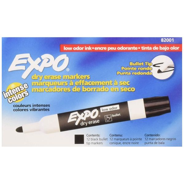 EXPO Low Odor Bullet Black Dry Erase Markers For Use On Whiteboards, Glass and Non-porous Surfaces; Ideal for Classrooms, Offices and Homes, Pack of 12