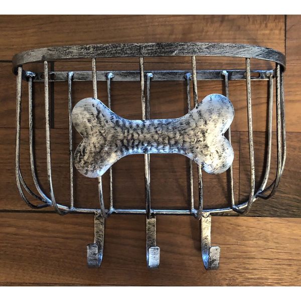 Dog Leash Holder and Basket with Bone Detail Three Hook Distressed Metal NEW!