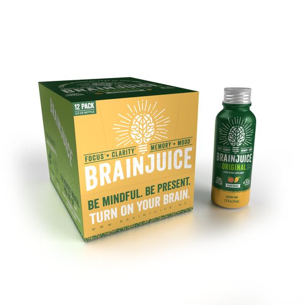 BrainJuice Brain Support Shot, Gluten Free Supplement Shots for Energy & Focus, Healthy Drinks with Alpha GPC, Vitamin B & Organic Green Tea Extract Caffeine, Peach Mango, 2.5 fl oz, 12 Pack