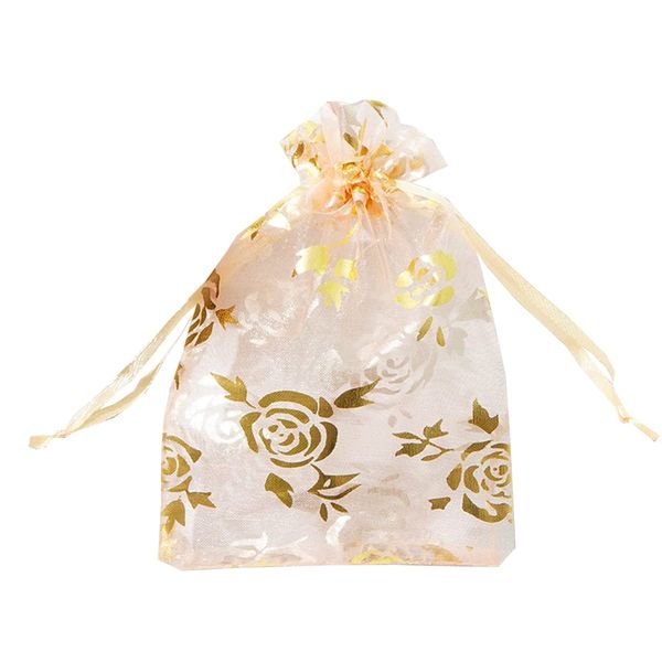 FAVORTALK Organza Bags Small Baby Shower 30pcs 9x12 cm/ 3.5 x 4.7 inches Golden Rose Flower Printed Organza Jewellery Pouches Drawstring Wedding Favors Candy Gift Bags (Lvory)