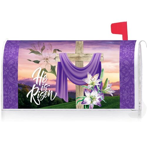 Texupday He is Risen Religious Cross Lilies Decoration Easter Mailbox Cover with Magnetic Strip Holiday Mailbox Wraps Post Letter Box Cover Standard Size 21" X 18" for Garden Outdoor Yard Decor