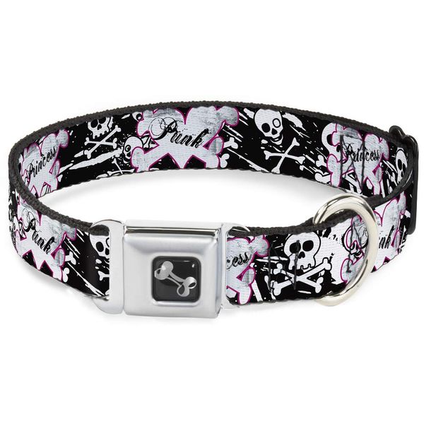 Dog Collar Seatbelt Buckle Punk Princess Heart Cross Bones Skulls Splatter Black White 15 to 26 Inches 1.0 Inch Wide