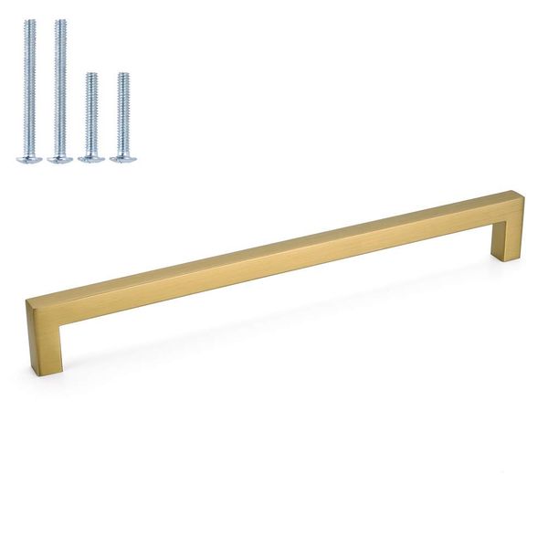 homdiy 10 Inch Cabinet Handles Brushed Brass Kitchen Cabinet Pulls 10 Pack - Gold Cabinet Pulls Square Cabinet Hardware for Cabinet, Cupboard, 10'' Hole Centers