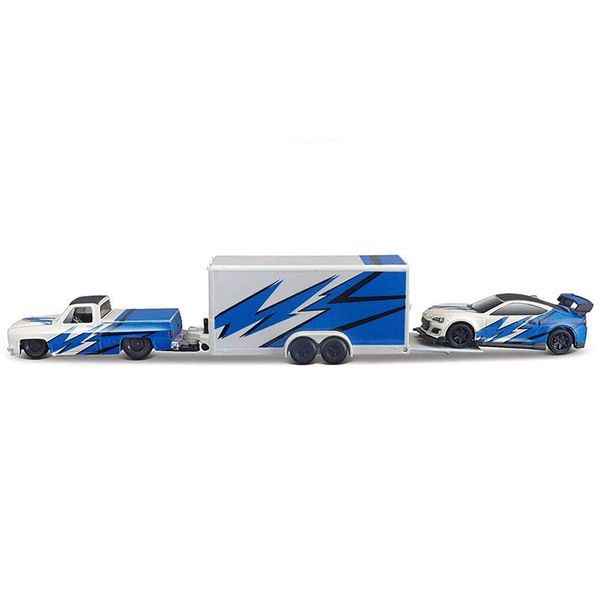 1987 Chevy 1500 Pickup Truck White with Blue Graphics and 2019 BRZ White with Blue Graphics with Enclosed Car Trailer Team Haulers Series 1/64 Diecast Model Car 11404-22B