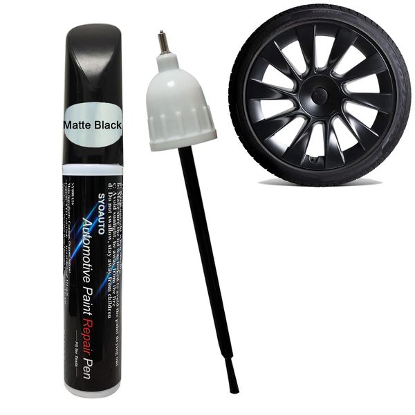 SYOAUTO Matte Black Rim Touch Up Paint For Tesla Model Y 20" Induction Wheel Touch Up Paint Pen Tip and Brush 2 in 1 Rim Scratch Repair Wheel Paint Curb Rash Paint Pen(Matte/Satin Black)