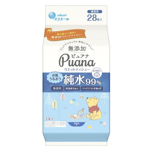 Elleair Puana Wet Tissue, No Additives, 99% Pure Water, Portable, 28 Sheets