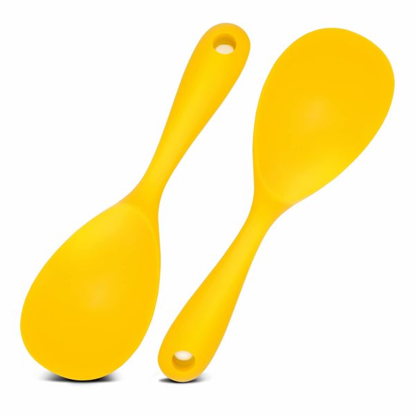 Rice Serving Spoon Set of 2, Rice Spoon Set, Silica Gel Serving Spoons for Rice, Sushi & Mashed Potatoes, Silicone Rice Paddle, Nonstick & Resistant to High Heat, Better Than Plastic Spoons (Yellow)