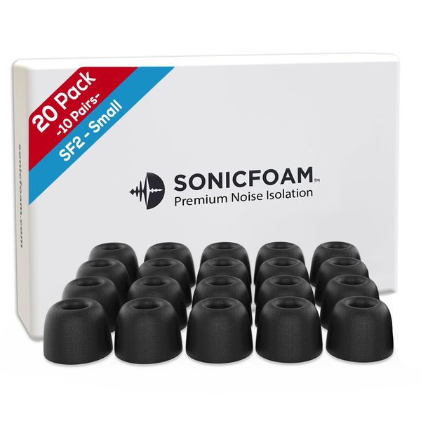 SONICFOAM Memory Foam Earbud Tips - Premium Noise Isolation, Replacement Foam Earphone Tips, 20 Pack for in Ear Headphone Earbuds (SF2 Small, Black)