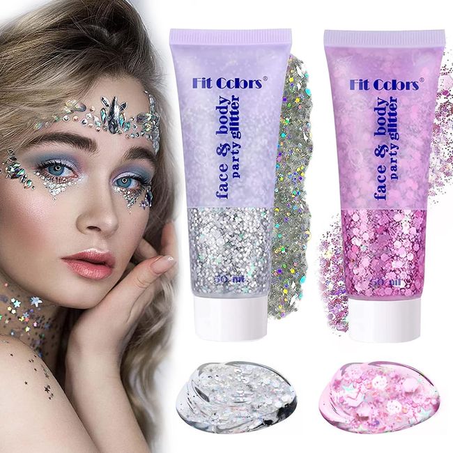 2 Stück Body Glitter Gel, Chunky Glitter Body Gel Festival Glitter Kosmetik Gesicht Haare Nägel Make-up Meerjungfrau Pailletten Flüssiger Lidschatten Langanhaltend Sparkling Festival Party Make Up