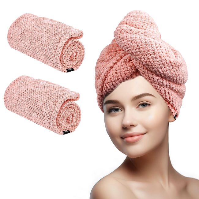 Bouaida Hair Towel Wrap for Women, Thickened Microfiber Hair Towel, Hair Drying Towel with Button, Excellent Drying Effect, Large 2pc (Pink)