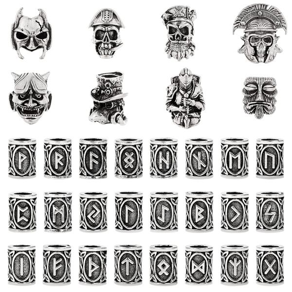 PIAOPIAONIU 32 PCS Viking Skull Head Beard Beads Hair Beard Beads for Man/Woman,Braiding Beads Beard Viking Rune Beads for Hair Decoration,DIY Viking Bracelets Pendant Necklace