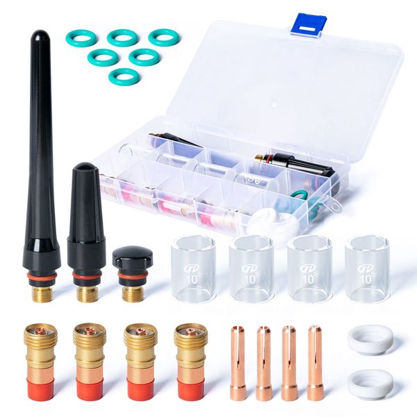 SPDYCESS 23 Stück Wig Schweißen Verbrauchsmaterial Zubehör Pyrex-Glasbecher Wig Rückkappe O-Ringe Stubby Gaslinse Verschleißteile Set mit Lagerung Kasten für WP-17/18/26