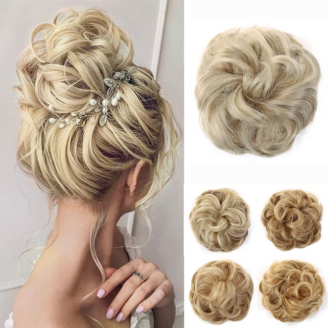 JJstar Messy Hair Bun Curly Wavy Hair Scrunchies Accessories Pieces for Women Girls Synthetic Hair Chignons (Pale Ash Blonde)