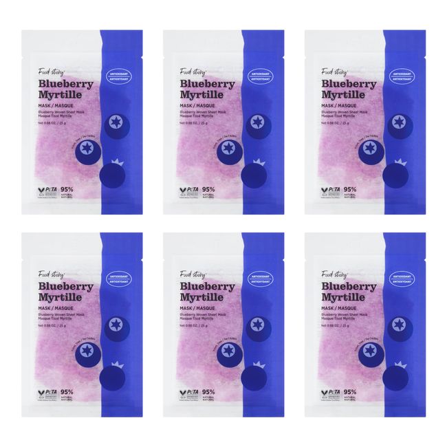 Food Story - Blueberry [Antioxidant] Facial Sheet Mask [Pack of 6] - Premium Vegan Face Beauty Mask sheets Hydrating Smoothing for Glow Skin Niacinamide Hyaluronic acid Korean face mask skin care