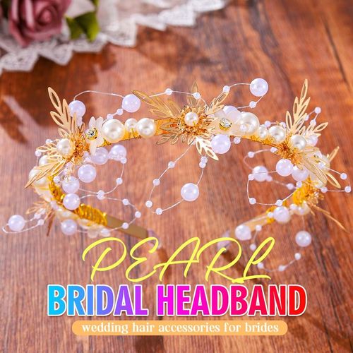 BARTOSI Gold Wedding Headband Pearl Bridal Hair Pieces Bride Wedding Hair Accessories for Women