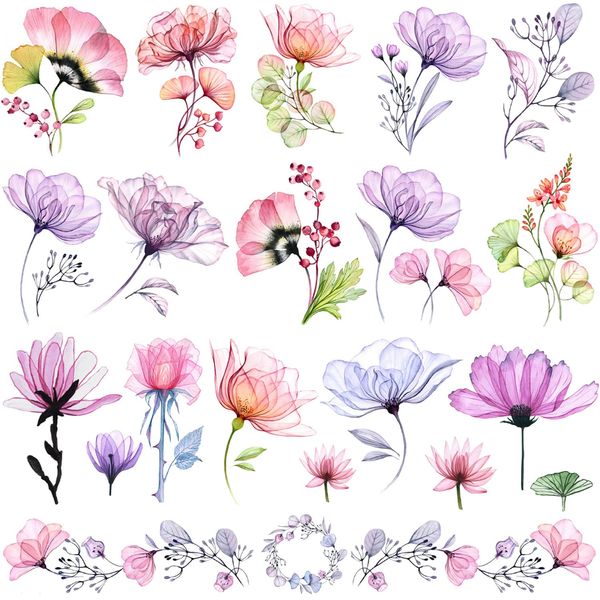 Tazimi 16 Sheets X-Ray Flower Temporary Tattoos for Women, Xray Watercolor Rose Lily Flower Tattoos Arm Fake Flower Tattoo Stickers Body Art Waterproof Tattoo Stickers